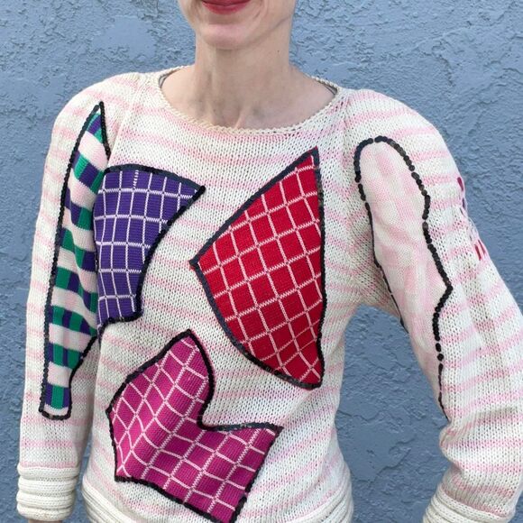 Womens 80s Sweater Abstract Funky Print puff sleeves Size Small - Picture 2 of 8